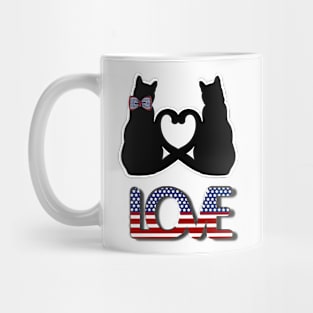 Love in American style and two black cats with tails creating a heart Mug